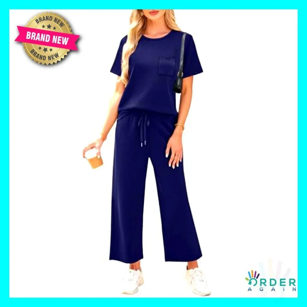 Women's Casual Two Piece Set Wide Leg Crop Pants Lounge Outfit Summer Travel